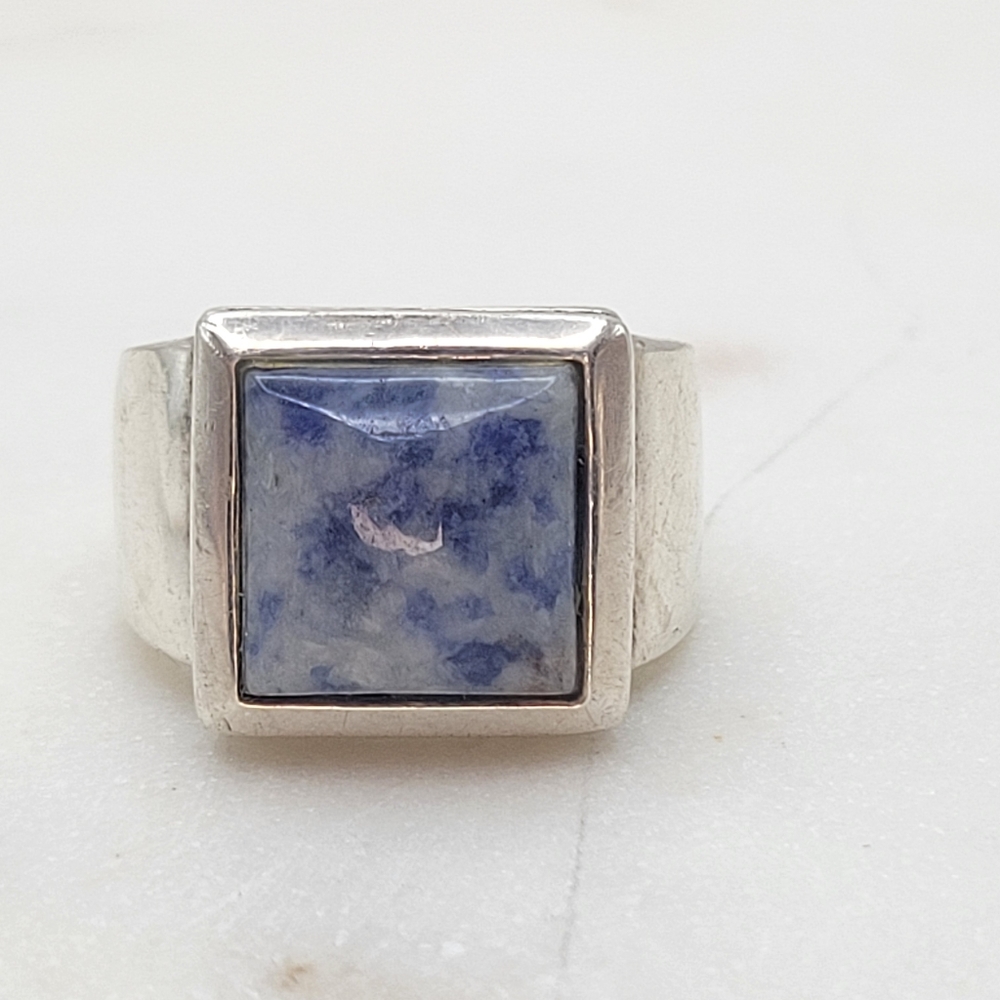 Sterling Silver Blue White Natural Stone Ring Size 7.5